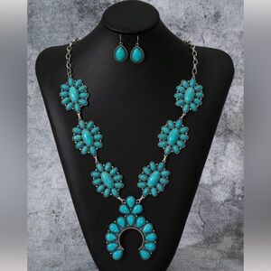 New Faux Turquoise Floral Squash Blossom Western Boho Necklace and Earring Set